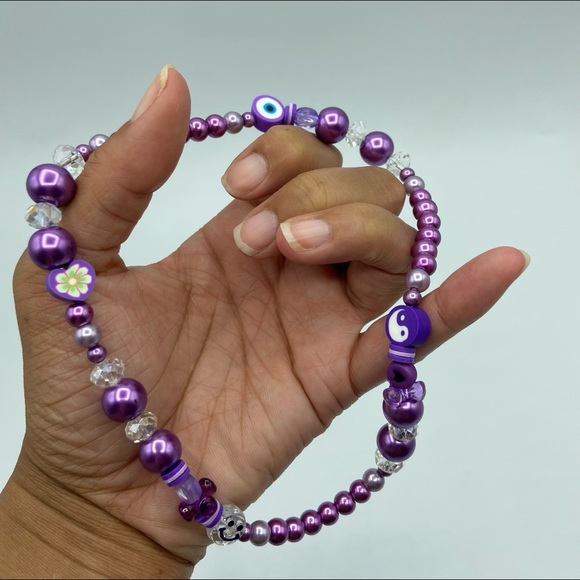 Purple Trendy Y2K Inspired Glass Bead Stretch Necklace - Picture 8 of 10